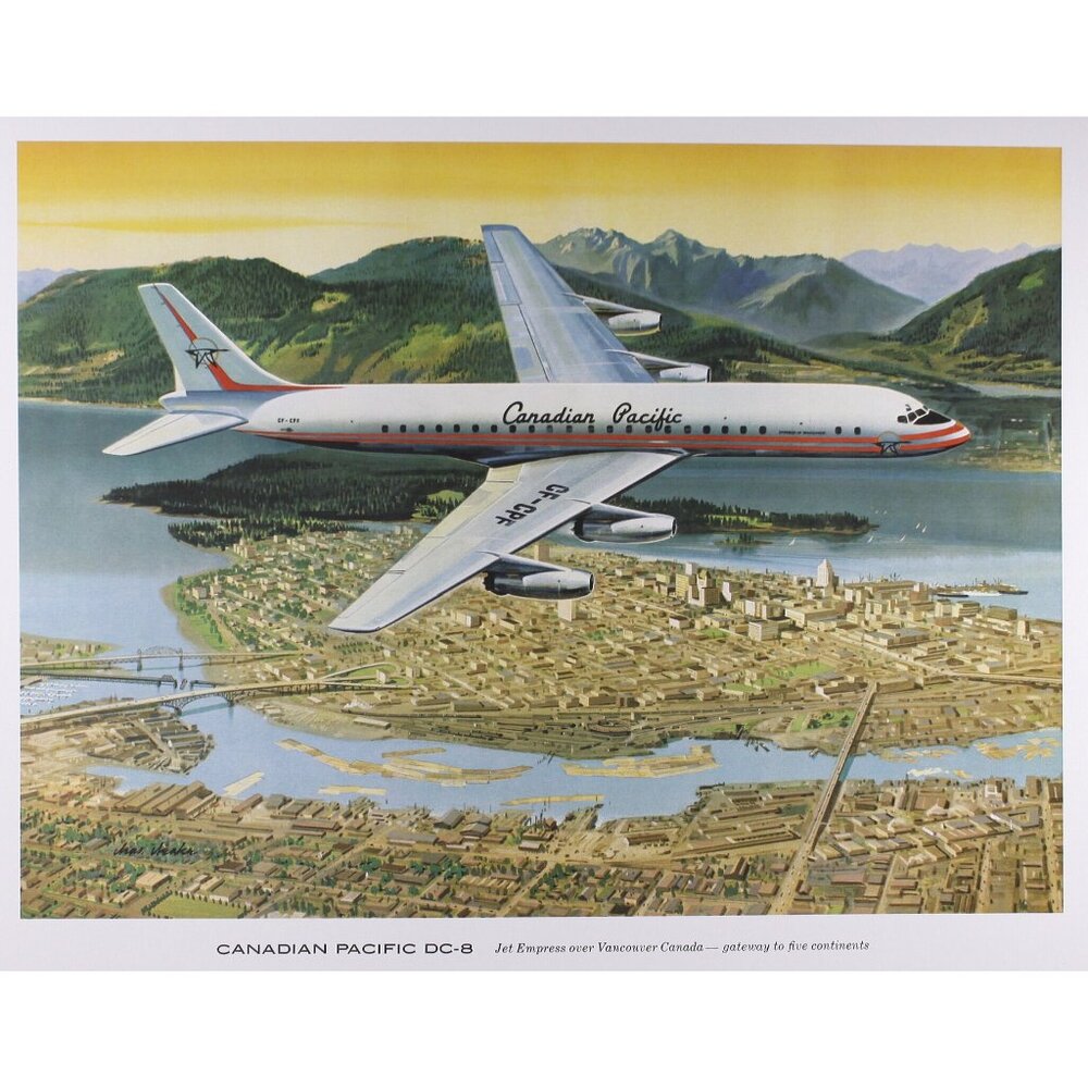 Small 11x14" Canadian Pacific Douglas DC-9 Fan-Jet airplane travel poster, Kodak